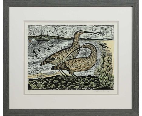 * ANGELA HARDING (BRITISH b. 1960),  TWO BIRDS limited edition linocut and silkscreen print on paper, signed and numbered 26/