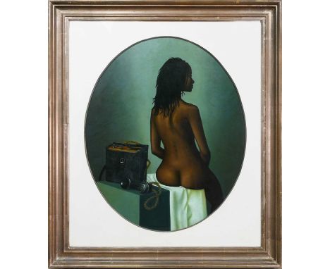 * JAMES MCDONALD (SCOTTISH b. 1956), CALLER WAITING oil on board, signed and titled versomounted (oval), framed and under gla