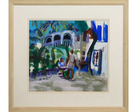 * IRENE LESLEY MAIN (SCOTTISH 1959 - 2023), ON BEQUIA mixed media on board, signed and dated 1994, titled label versomounted,