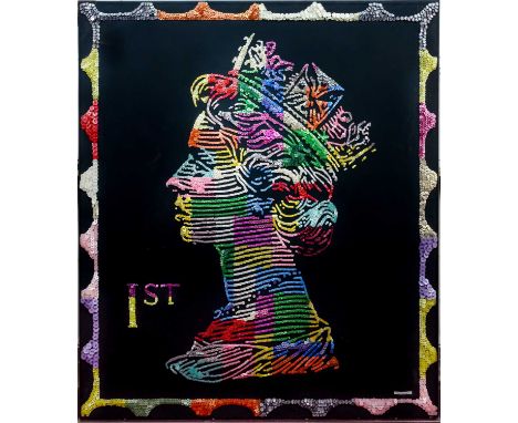 * ANN CARRINGTON (BRITISH b. 1962),  SCALL PEARLY QUEEN multi-colour buttons sewn on black linen, with tag signatureframed in