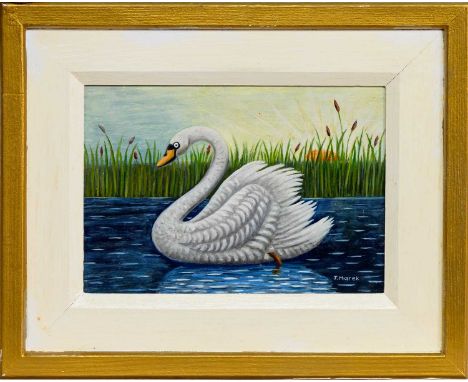 * JERZY MAREK (POLISH 1925 - 2014), THE SWAN oil on board, signed, titled and dated 2003-4 versoframed image size 14cm x 20cm