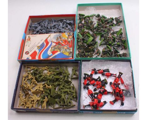 One tray containing Britains and Airfix plastic figures to include Britains 54mm plastic British guardsmen, Britains 54 mm pl