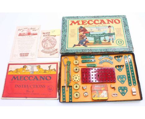 Meccano outfit no.0 red and green set, still strung to the original card base, in the original black labelled box with instru