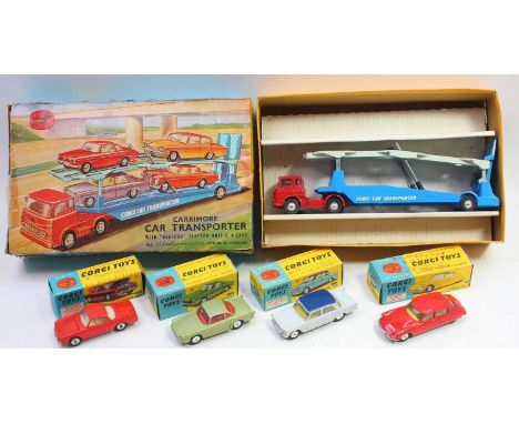 Corgi Toys No.28 Gift set containing a Carrimore Car Transporter with Bedford Tractor Unit and 4 Cars, to include; No.239 Vol