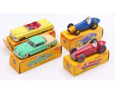 Dinky Toys group of 4 boxed mostly playworn diecasts to include; No.232 Alfa Romeo Racing Car in red, No.169 Studebaker Golde