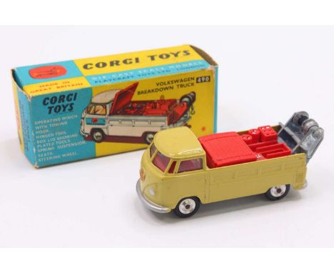 Corgi Toys No. 490 Volkswagen breakdown truck comprising of avocado body, red interior, and spun hubs, complete with two spar