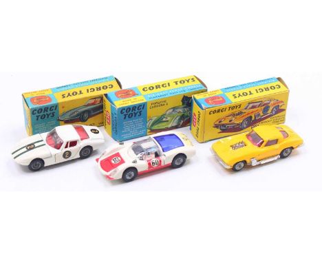 Corgi Toys group of 3 to include; No.337 Customised Chevrolet Corvette Stingray in orange with red interior, No.324 Marcos 18