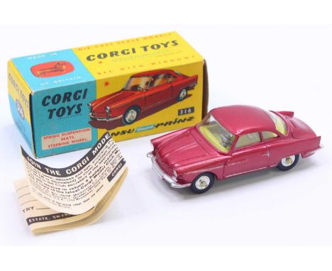 Corgi Toys No. 316 NSU sport Prinz comprising of metallic pink body with silver detailing and lemon yellow interior fitted wi