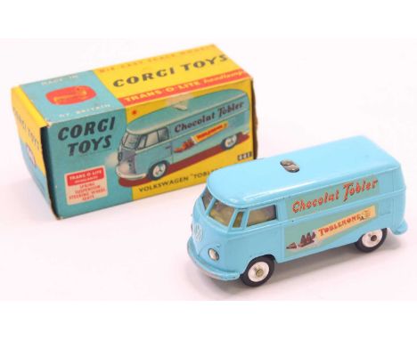 Corgi Toys No. 441 Volkswagen 'Chocolate Toblerone' van, light blue body with lemon interior, Trans-o-lite headlamps, spun hu