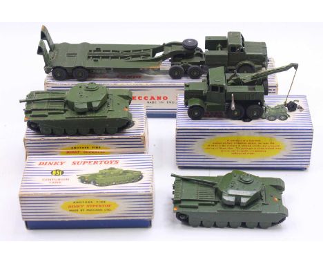 Dinky Toys group of 4 Military Diecasts to include; No.660 Tank Transporter, No. 661 Recovery Tractor, and No. 651 Centurion 