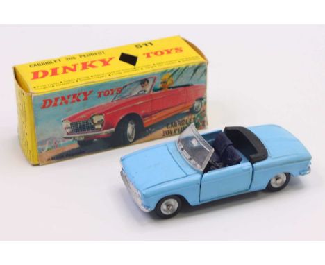 French Dinky Toys No.511 Peugeot 204 Cabriolet, light blue body, dark blue interior and tonneau, silver trim, concave hubs (V