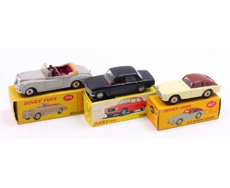 Collection of 3 French Dinky and Dinky Toys British diecast saloons, to include No.1428 Peugeot 304, No.194 Bentley Coupe and