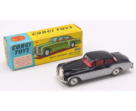 Corgi Toys, 224, Bentley Continental Sports Saloon, black and silver body, red interior, in the original yellow and blue all 