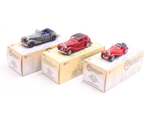 Three Lansdowne Models 1/43 scale white metal cars to include; a 1938 AC 16-AT Sports Roadster top down, in red, a 1936-39 MG