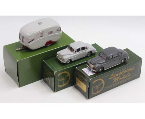 Lansdowne Models group of 3 1/43 scale vehicles to include an LDM 17X 1956 Willoughby Vogue Caravan, an LDM5 1957 Rover P4, a