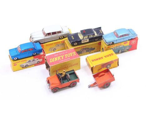Dinky Toys group of 6 Playworn diecasts and accessories to include; No. 136 Vauxhall Viva, No. 142 Jaguar Mark X, No.198 Roll