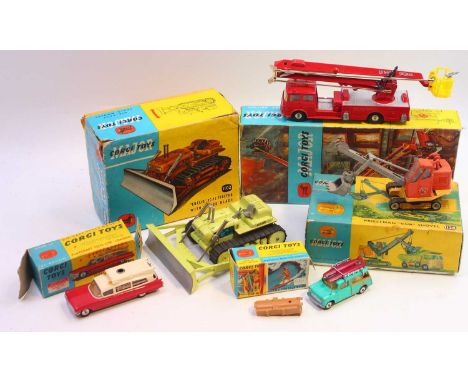 Corgi Toys group of 5 mostly playworn diecasts to include; No. 1128 Priestman Cub Shovel, No. 437 Superior Ambulance, No.1102