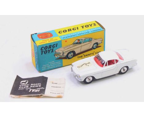 Corgi Toys No. 258 The Saint Volvo P1800 car comprising white body with white bonnet transfer, red interior and driver figure