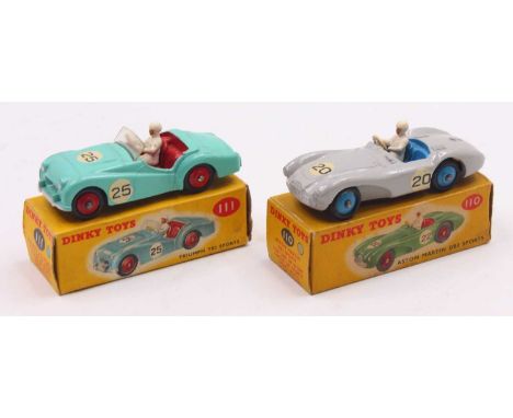 Dinky Toys group of two to include No.111 Triumph TR2 Sports, in aquamarine body, red hubs, red interior and driver and a 110