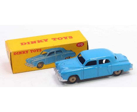 Dinky Toys, 172, Studebaker land cruiser, blue body, with silver detailed front bumper, fawn hubs, in the original all card p