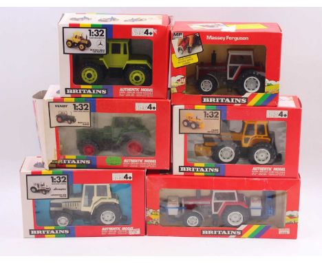 Britains 1/32 scale group of six farming machinery and diecast group to include No. 9615 Massey Ferguson tractor and crop spr
