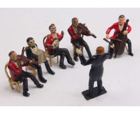 Charbens painted Lead and hollow 6 piece Band Figure set containing chairs, Conductor, Violin Players, Double Base players an