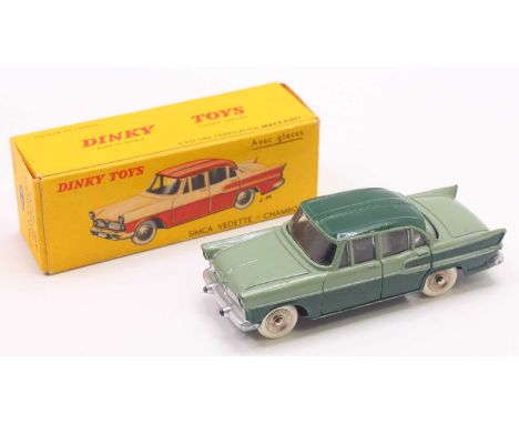 French Dinky Toys, 24k Simca Vedette "Chambord" - two-tone green, silver trim, chrome concave hubs with white smooth tyres, h