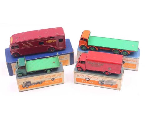 Dinky Toys group of 4 playworn diecasts to include; No.514 Guy Van Slumberland Mattresses, No.513 Guy Flat Truck in dark gree