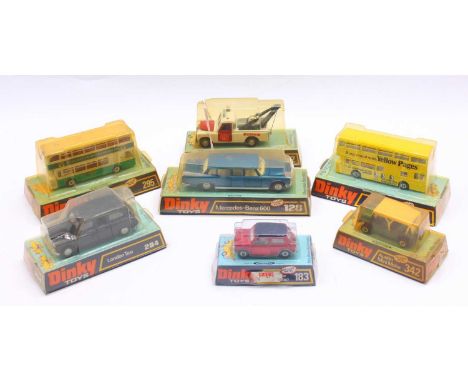 Dinky Toys group of 7 diecasts to include; No. 342 Austin Mini Moke, No.442 Land Rover Breakdown Crane, No.284 London Taxi, N