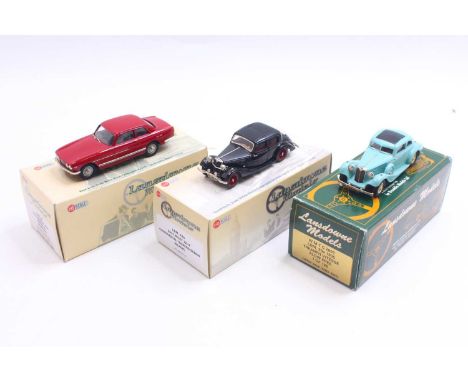 Three Lansdowne 1/43 scale white metal models to include; a 1937 Riley 12-4 Continental Touring Sedan in black, a 1973 Bristo