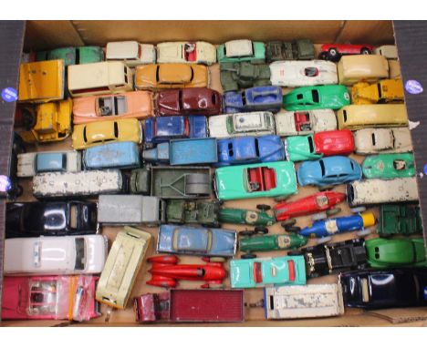 One tray containing various playworn Dinky Toys to include a repainted Austin 470, a Ferrari 234 in blue, a Rolls Royce Phant