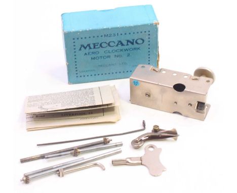Meccano pre-war "Aero Clockwork Motor No.2" M231, in silver, with key, linkages, and instructions, housed in the original box