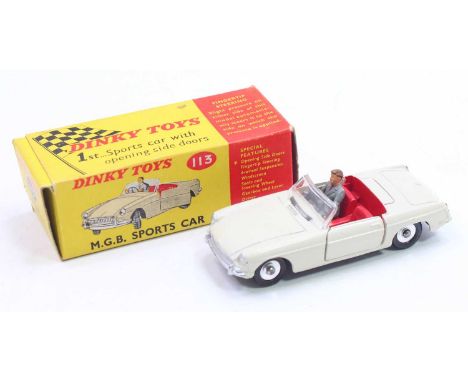 Dinky Toys No. 113 MGB sports car comprising cream body with red interior and driver figure, sold in the original Grand Prix 