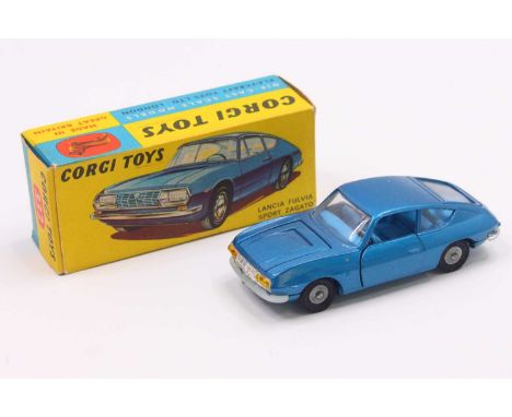 Corgi Toys No. 332 Lancia Fulvia Sport Zagato comprising of the metallic blue body with blue interior, housed in the original