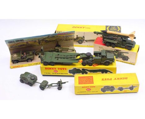 Dinky Toys group of 4 playworn military diecasts and sets to include; No.697 25-Pounder Field Gun Set, No.665 Honest John Mis