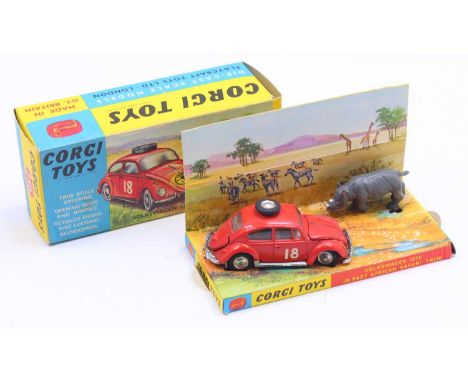 Corgi Toys No. 256 East African Safari gift set comprising of Volkswagen 1200 Beetle with a Rhinoceros figure, housed in the 