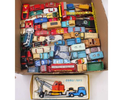 One tray containing various playworn diecast Corgi cars to include a Corgi No. 27 gift set, in good condition, box has damage