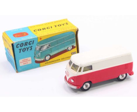 Corgi Toys, 433 Volkswagen delivery van, red and white body with yellow interior, spun hubs with red VW badge, in the origina