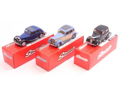 Three Somerville 1/43 scale white metal cars to include; a Vauxhall 10 H-type 1939, a Riley Kestrel, and a Rover P2 1937, all