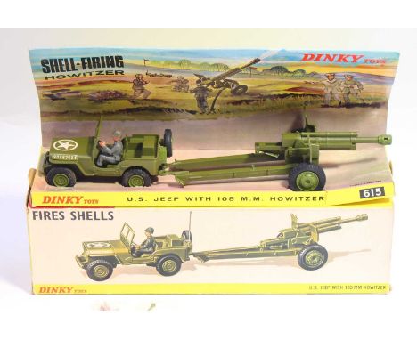 Dinky Toys No. 615 US Jeep with 105mm Howitzer, US military green body, green plastic wheels, with grey plastic driver, label