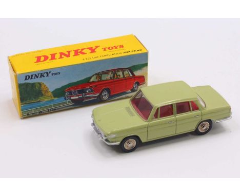 French Dinky 534 BMW 1500, pale green, red interior, silver trim, chrome concave hubs, in the original picture-sided card box