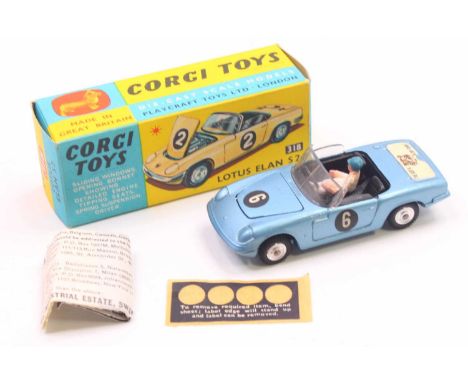 Corgi Toys No. 318 Lotus Elan S2, in metallic blue with black interior, with driver and fitted with "I've got a Tiger in my T