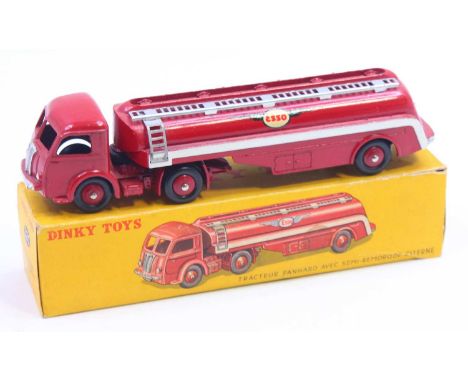 French Dinky Toys No. 32C Panhard Esso road tanker comprising a red body with red hubs, white lining and Esso livery, sold in