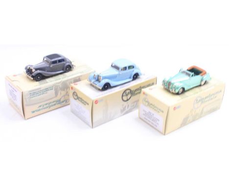 Three Lansdowne Models 1/43 scale white metal cars to include; a 1949 Lagonda 2.6L drophead coupe in pale green metallic, a 1