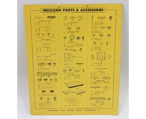 Meccano parts list double-sided card sign, in yellow with black text, measuring 10 inches by 12, corners have light damage, v