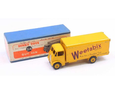Dinky Toys No.514 Weetabix Guy van, having a yellow body with yellow hubs and Weetabix livery (playworn), housed in the origi