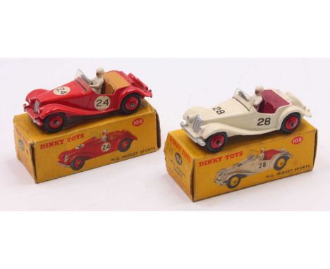 Dinky Toys 108 MG Midget group of two, red body with red wheels, racing No.24 with driver and white body with red wheels raci