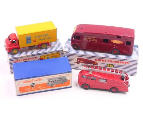 Dinky Toys group of 3 to include; No. 981 Horse Box (G-VG,BG) No. 555 Fire Engine with Extending Ladder (G-BVG) and a No. 923