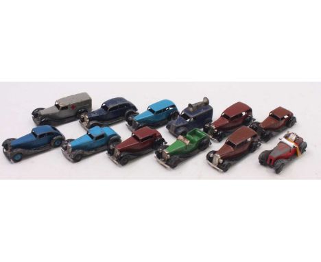 A collection of playworn Dinky Toys to include a repainted 30D Vauxhall DT saloon in blue, a 30B Rolls Royce in blue, a repai