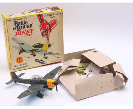Dinky Toys No. 728 Junkers JU87B Stuka, comprising metallic blue and camouflage body, housed in the original Battle of Britai